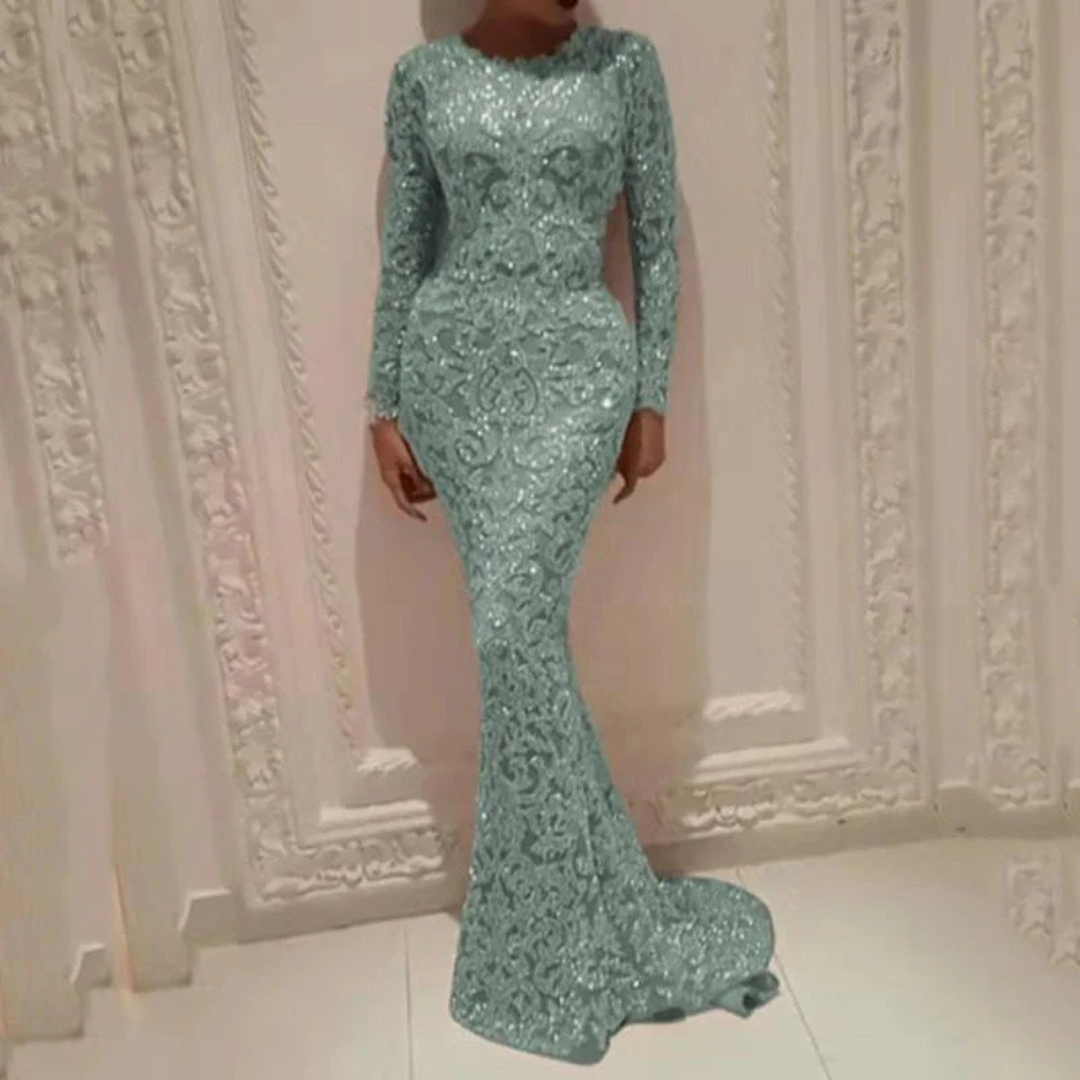 Elegante vestito da sirena con paillettes a maniche lunghe per donna | Maxi