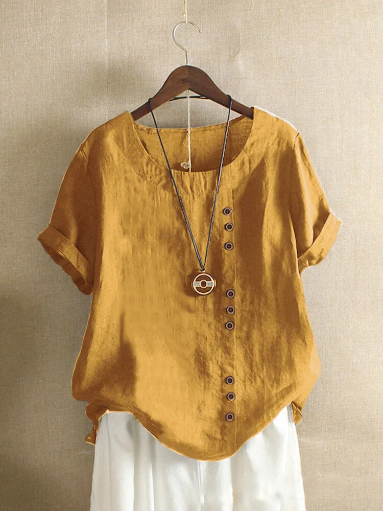Linen blouse for women - Asymmetric button closure - Short sleeves