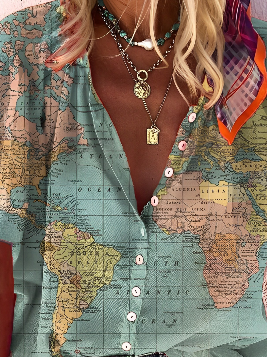 Janet - Globe World Map Printed Shirt