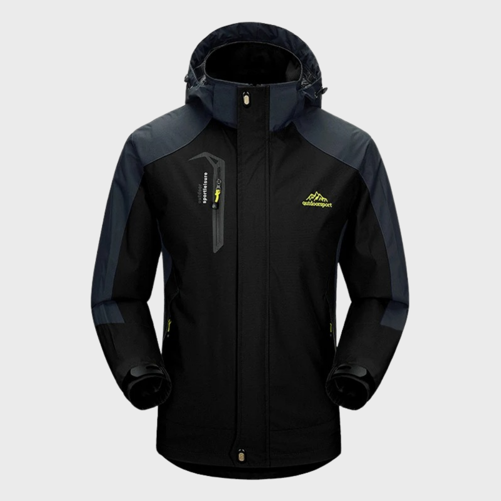 Men's softshell outdoor jacket with hood, windproof membrane, and water-repellent finish