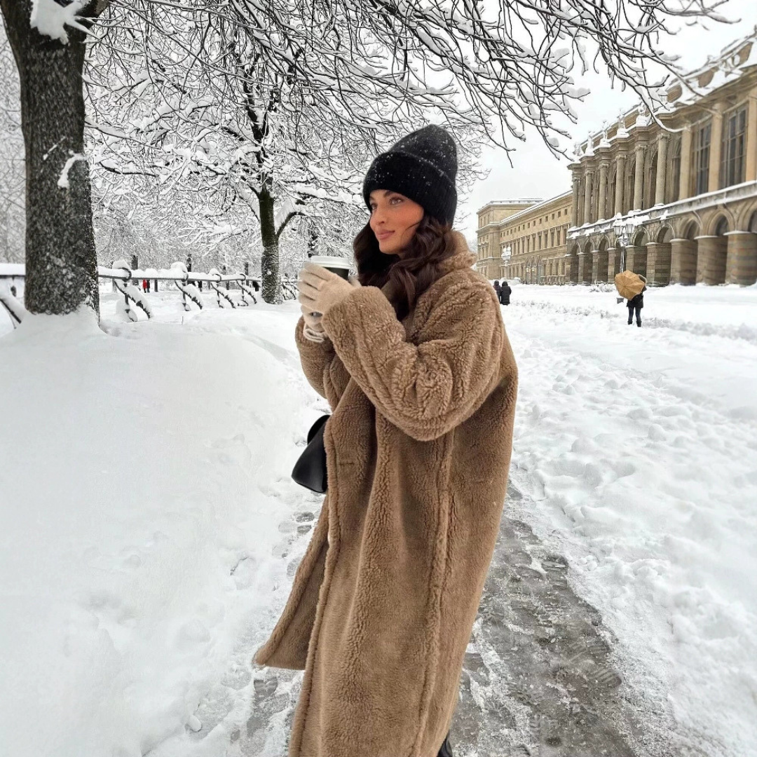 Dámsky kabát s gombíkovou légou – Teddy kabát – Dlhý strih