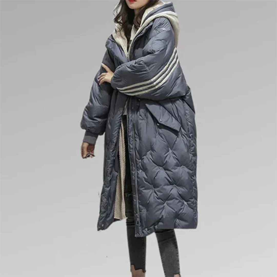 Long, oversized, warm quilted down jacket for women | Winter jacket with hood
