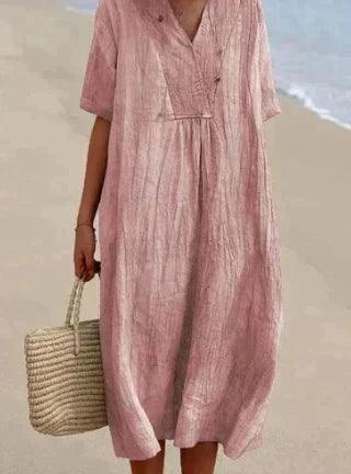 Women's Linen Dress with V-Neck and Short Sleeves - Relaxed Fit