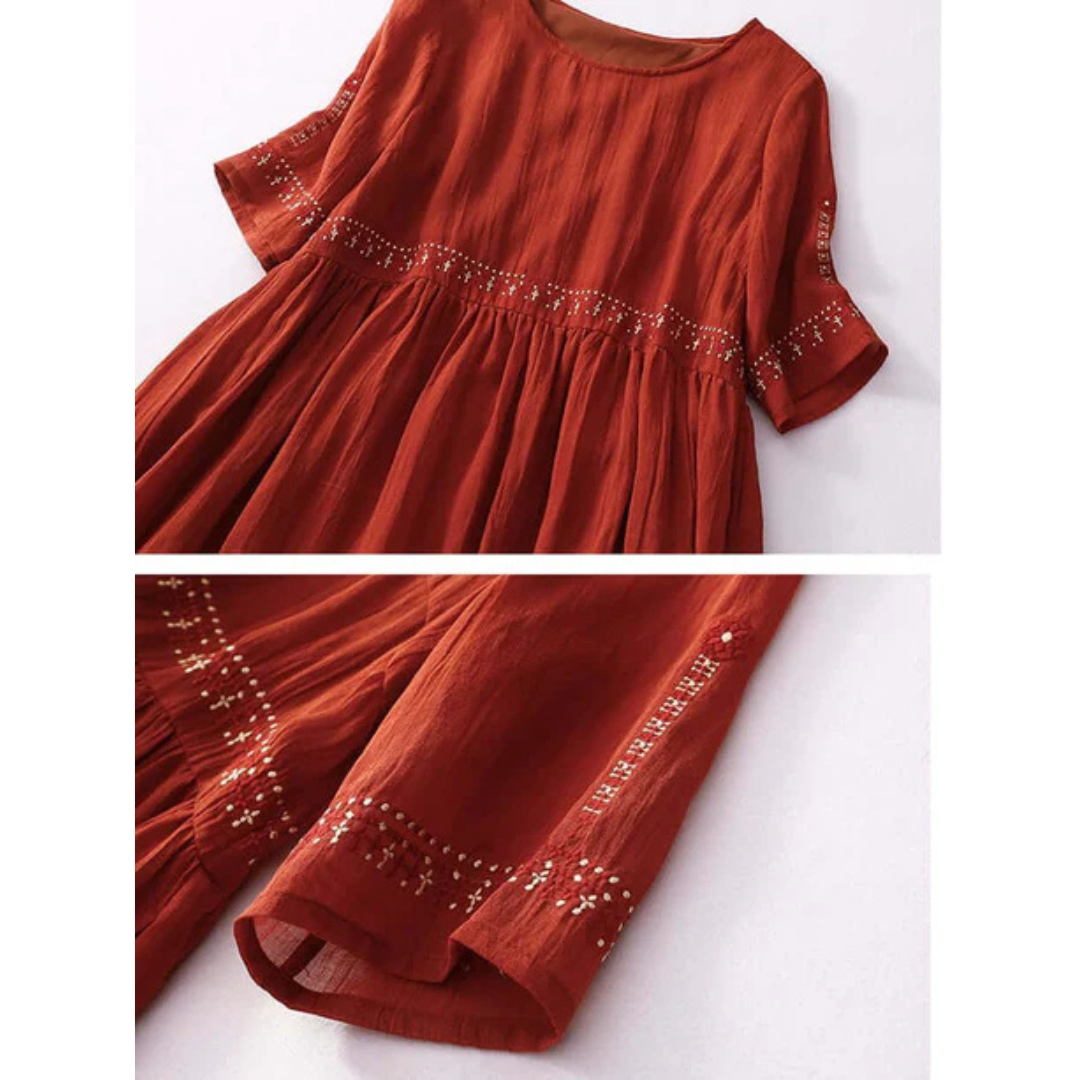 Women's Loose Embroidered Crew Neck Dress | Maxi