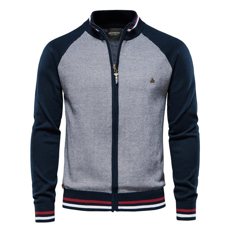 Chaqueta de suéter bicolor cálida para hombres con cremallera | chaqueta de invierno tejida con cuello alto