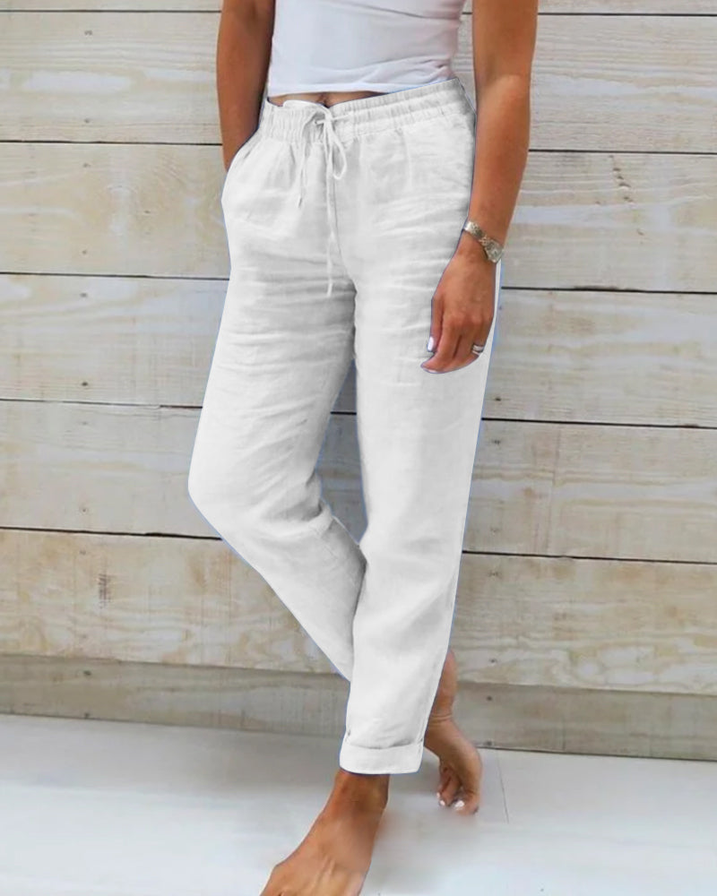 Pantalones de corte relajado para mujeres - Cintura elástica - Cordón transpirable para uso casual