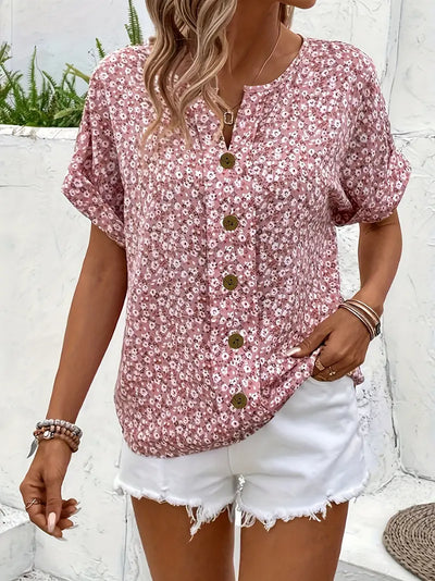 Kurzärmelige Bluse mit geblümter Knopfleiste für Damen