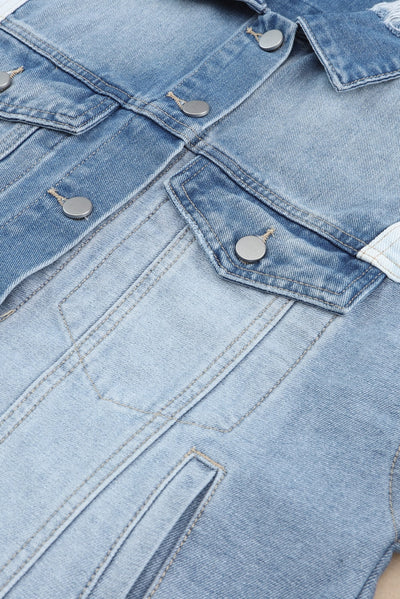 Stylische Jeansjacke mit Patchwork und ausgefranstem Saum - Damen