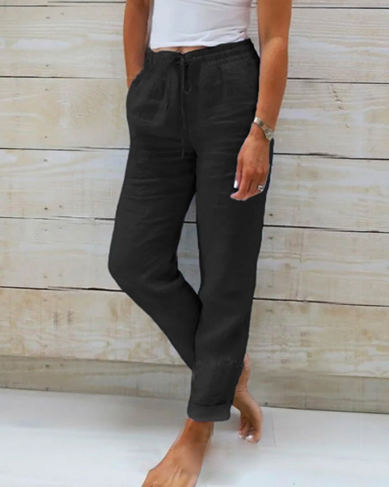 Pantalones de corte relajado para mujeres - Cintura elástica - Cordón transpirable para uso casual