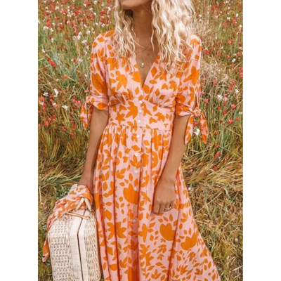 Boho-Kleid mit V-Ausschnitt und geknoteten Ärmeln | Maxi
