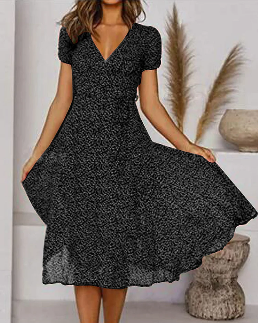 BelleRue - Printed chiffon dress with short sleeves and V-neck for women