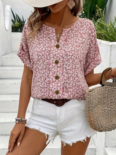 Kurzärmelige Bluse mit geblümter Knopfleiste für Damen