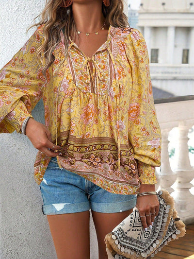 Boho Tunika Damen Blumenmuster V-Ausschnitt lange Ärmel Bindung