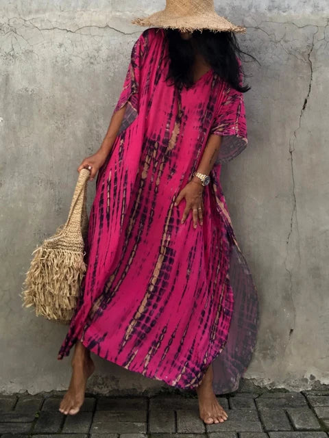 Kaftan-Kleid für Frauen - Lose Passform - V-Ausschnitt Tie-Dye Bohemian Style