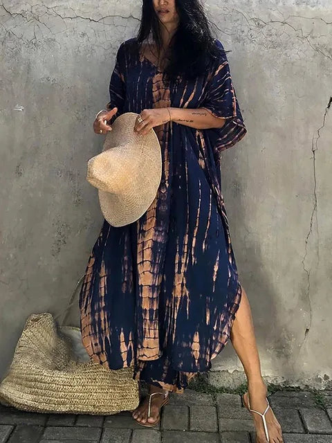 Kaftan-Kleid für Frauen - Lose Passform - V-Ausschnitt Tie-Dye Bohemian Style