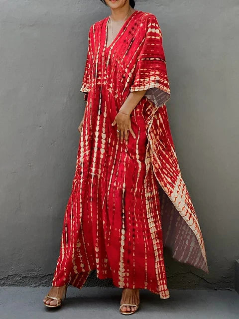 Kaftan-Kleid für Frauen - Lose Passform - V-Ausschnitt Tie-Dye Bohemian Style