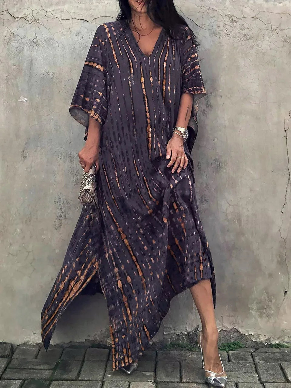 Kaftan-Kleid für Frauen - Lose Passform - V-Ausschnitt Tie-Dye Bohemian Style