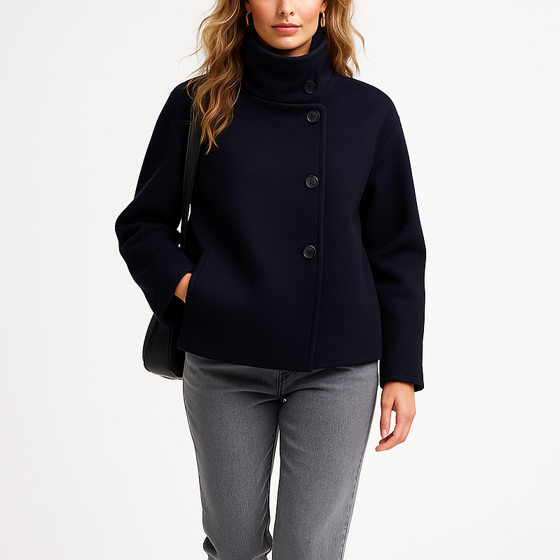 Short women's wool jacket | High collar | Single button closure