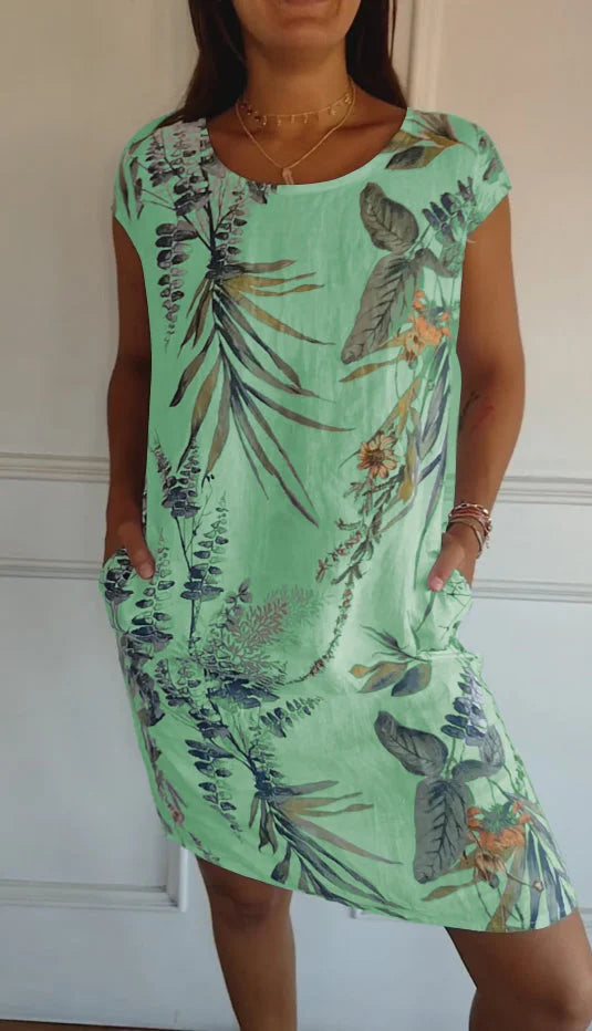 Elisabeth - Kleid aus Baumwolle und Leinen mit Rundhalsausschnitt für Frauen