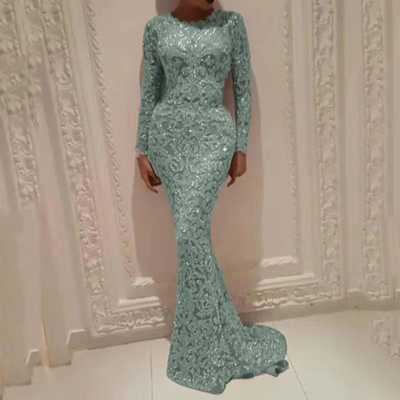 Elegantes Meerjungfrauen-Kleid Mit Pailletten Langarm Für Frauen | Maxi