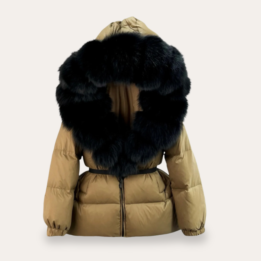 Puffa bunda s kapucňou a umelým kožušinovým golierom pre dámy