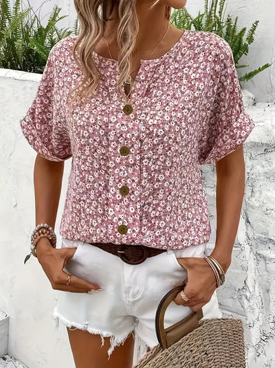 Kurzärmelige Bluse mit geblümter Knopfleiste für Damen