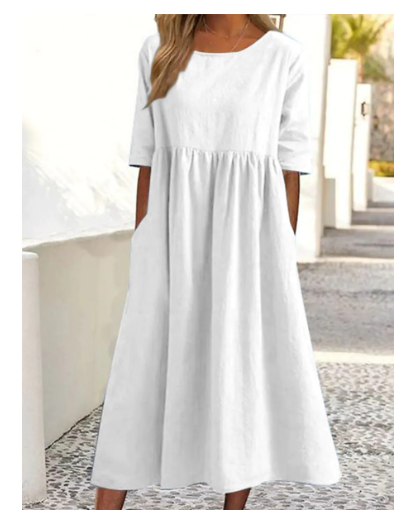 Elegante vestito in cotone e lino con tasche pratiche