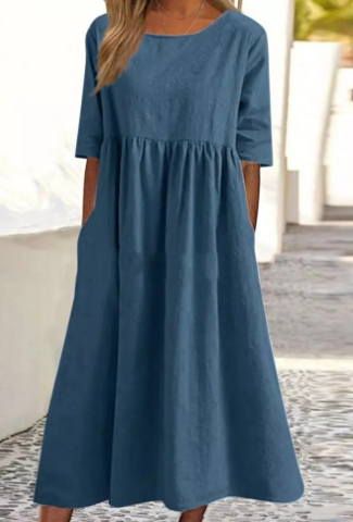 Elegante vestito in cotone e lino con tasche pratiche