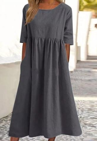 Elegante vestito in cotone e lino con tasche pratiche