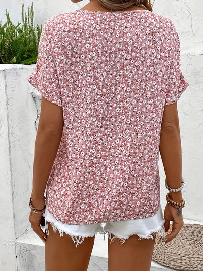 Kurzärmelige Bluse mit geblümter Knopfleiste für Damen