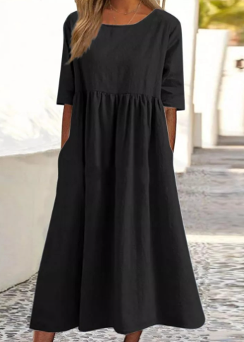 Elegante vestito in cotone e lino con tasche pratiche