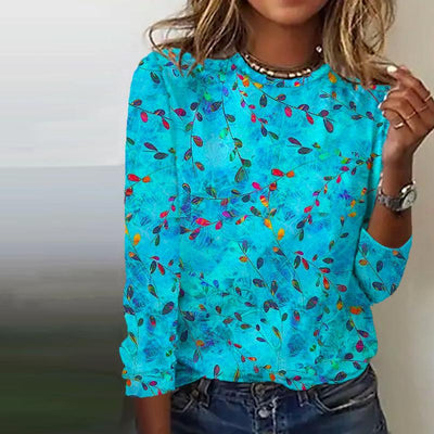 Lässiges T-Shirt aus Baumwollmischung mit Blattaufdruck - Women's