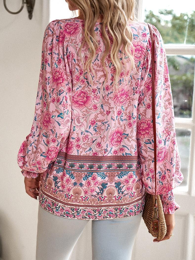 Boho Tunika Damen Blumenmuster V-Ausschnitt lange Ärmel Bindung