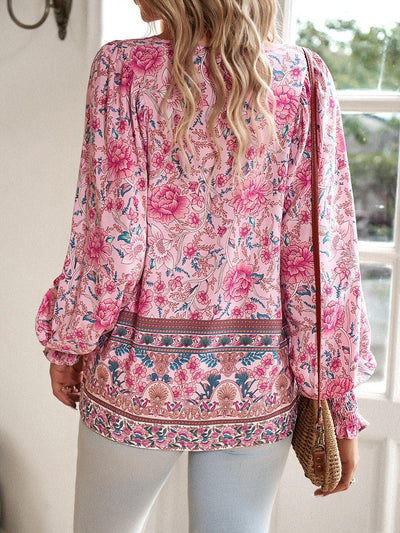 Boho Tunika Damen Blumenmuster V-Ausschnitt lange Ärmel Bindung