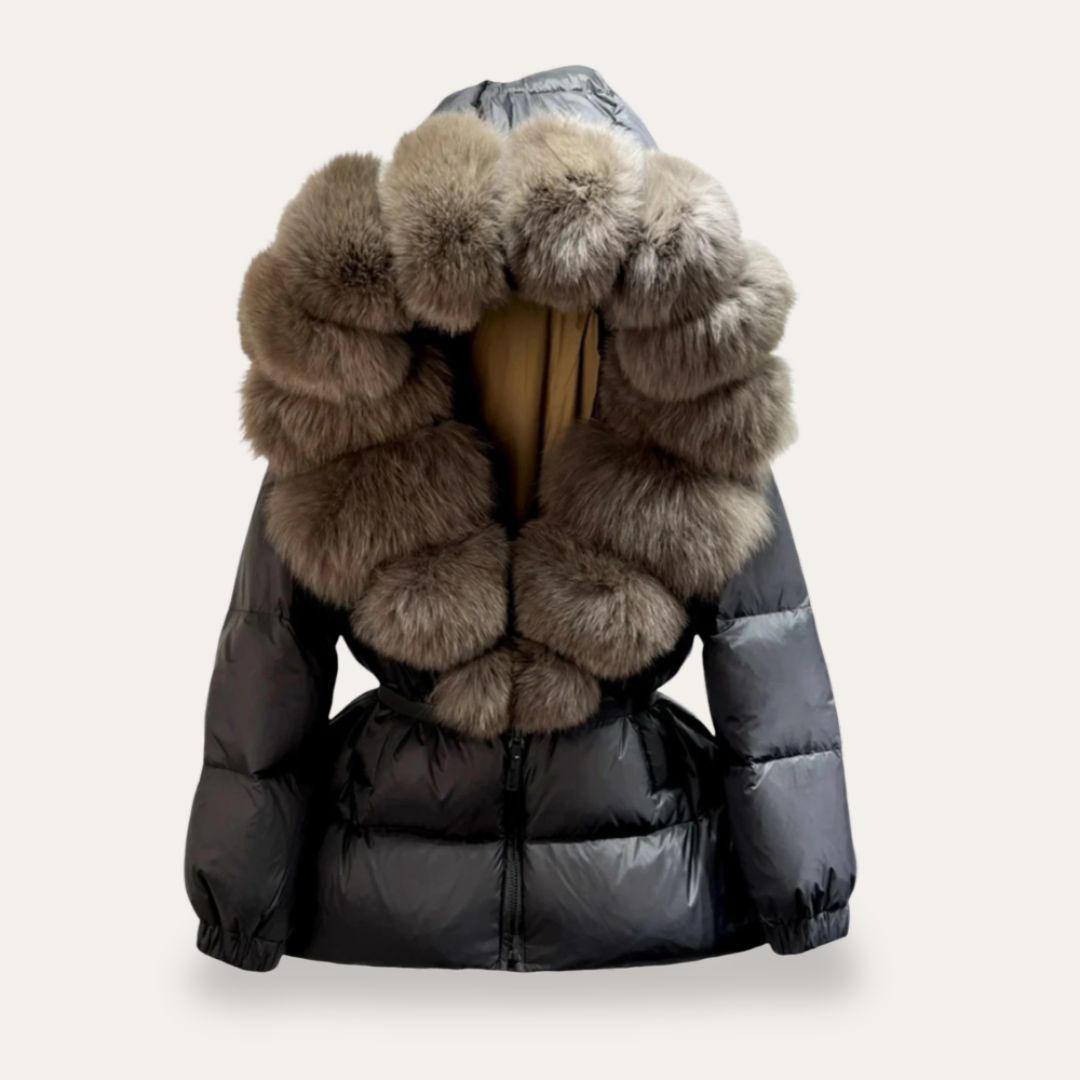 Puffa bunda s kapucňou a umelým kožušinovým golierom pre dámy