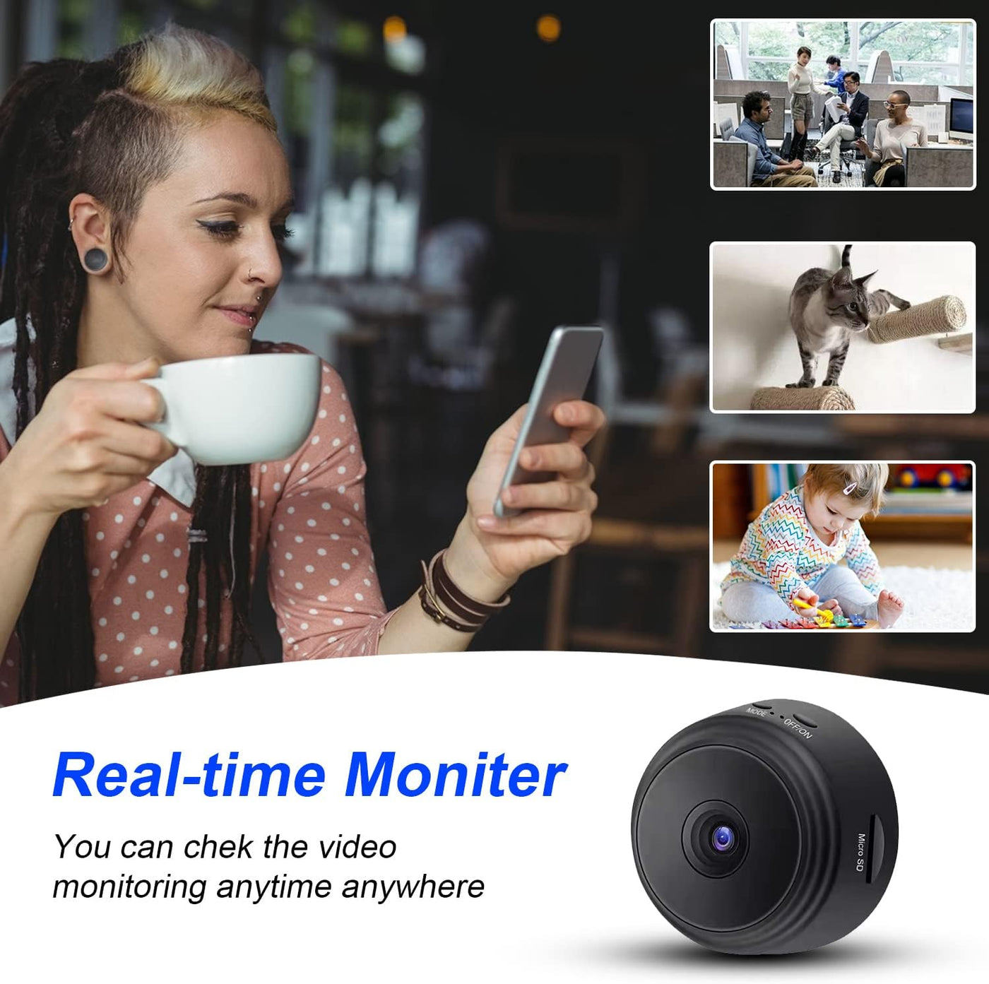 Minicámara espía Eyecam: cámara compacta de seguridad con Wi-Fi para interiores 