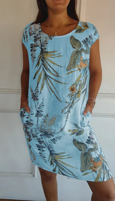 Elisabeth - Kleid aus Baumwolle und Leinen mit Rundhalsausschnitt für Frauen