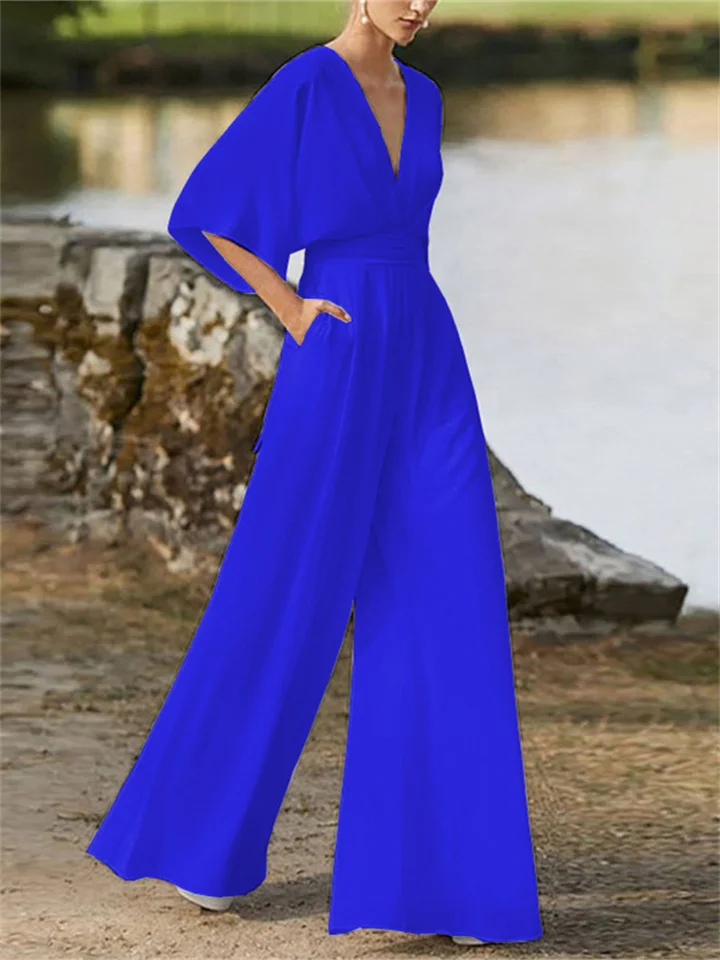 Eleganter Jumpsuit mit V-Ausschnitt und weitem Bein und Fledermausärmeln für Damen | Ideal für den Winter