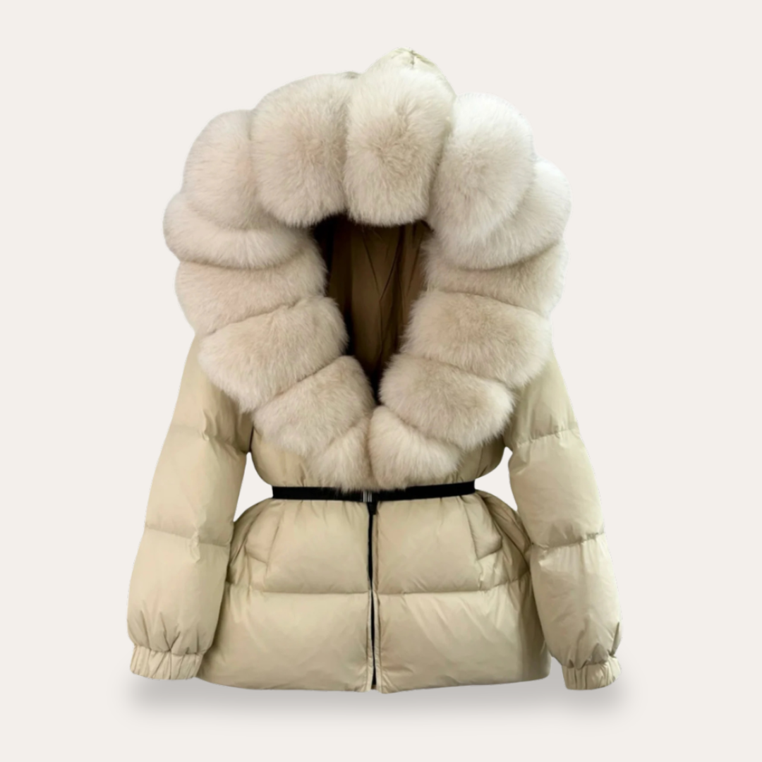 Puffa bunda s kapucňou a umelým kožušinovým golierom pre dámy