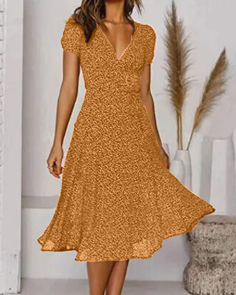 BelleRue - Printed chiffon dress with short sleeves and V-neck for women