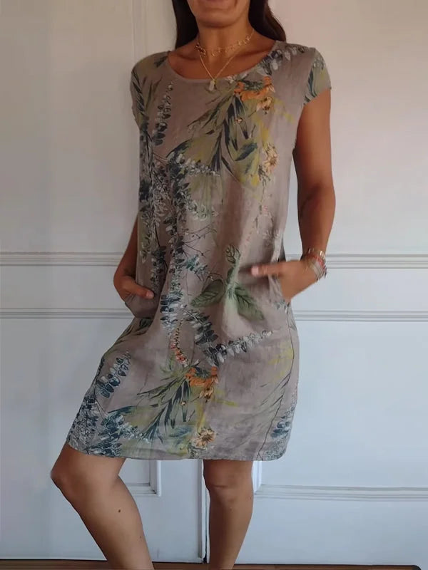 Elisabeth - Kleid aus Baumwolle und Leinen mit Rundhalsausschnitt für Frauen