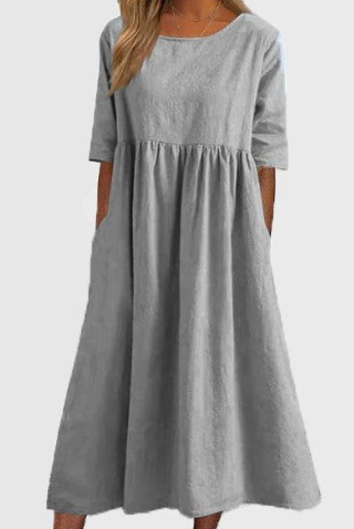 Elegante vestito in cotone e lino con tasche pratiche