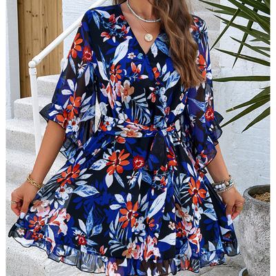 Frau Blumen V-Ausschnitt Glockenärmel Kleid | Mini