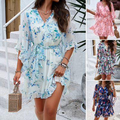 Frau Blumen V-Ausschnitt Glockenärmel Kleid | Mini