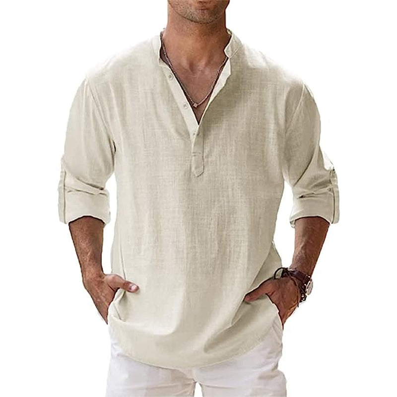 Camicia da uomo in lino con colletto Henley