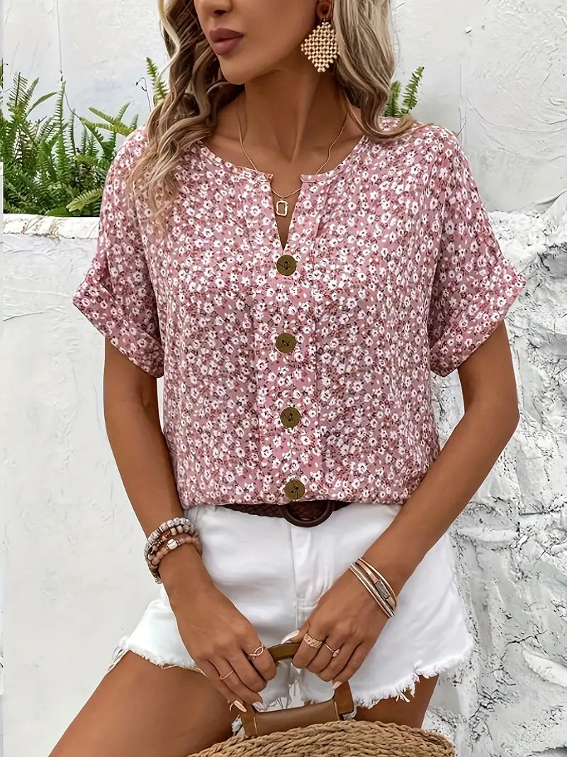 Kurzärmelige Bluse mit geblümter Knopfleiste für Damen