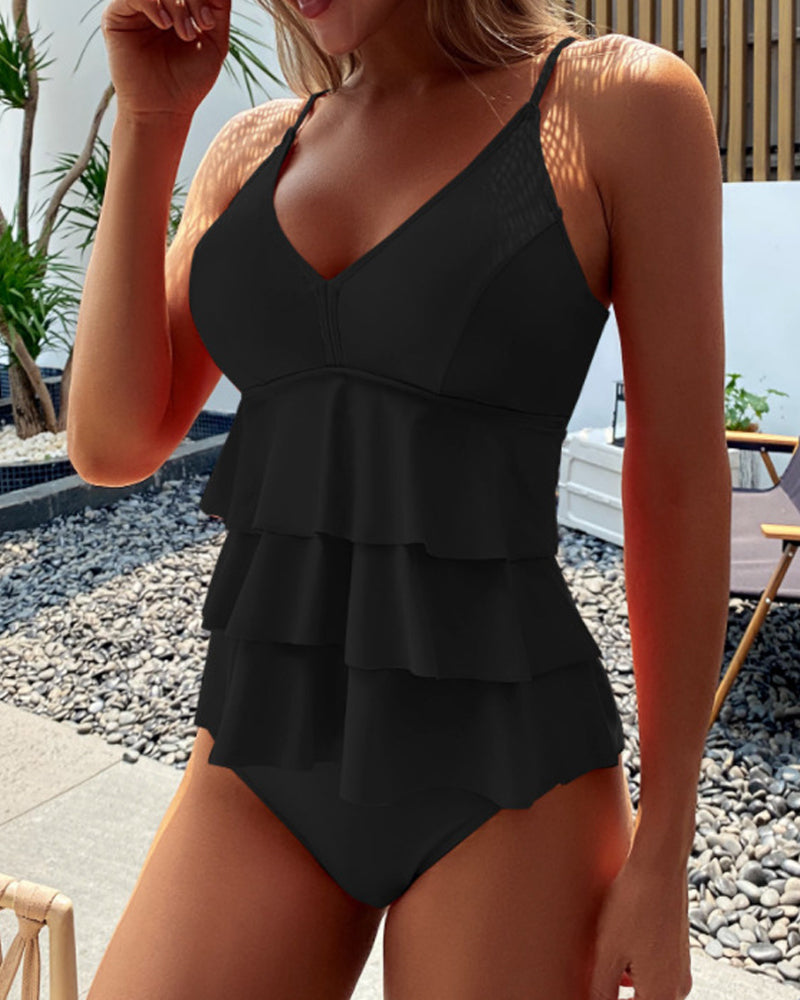 Ingrid – Tankini uni avec volants et fente