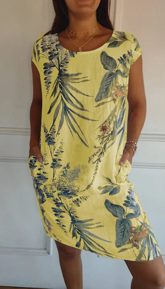 Elisabeth - Kleid aus Baumwolle und Leinen mit Rundhalsausschnitt für Frauen