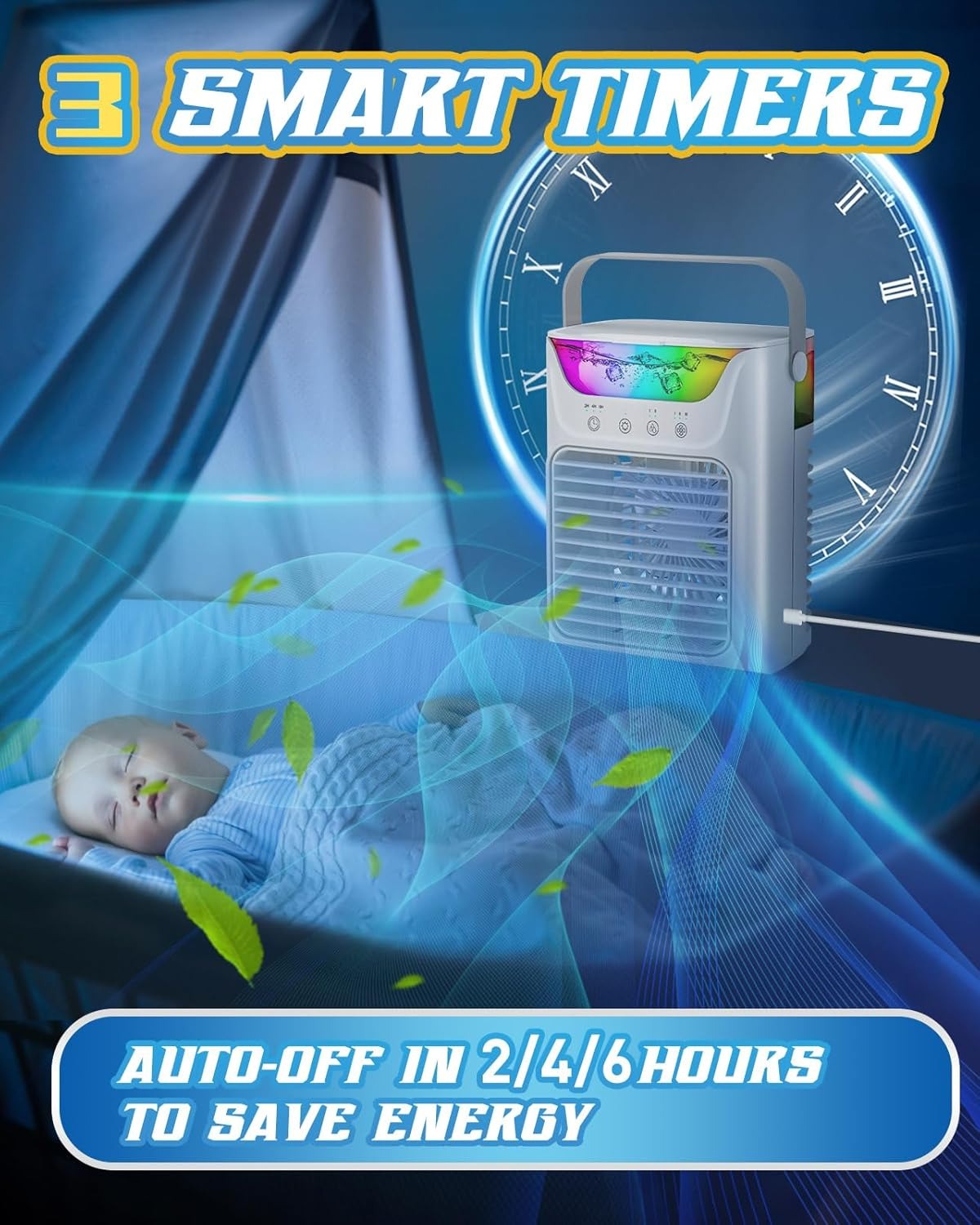 Φορητός ανεμιστήρας AC με 3 επίπεδα ταχύτητας και πολύχρωμο φωτισμό LED