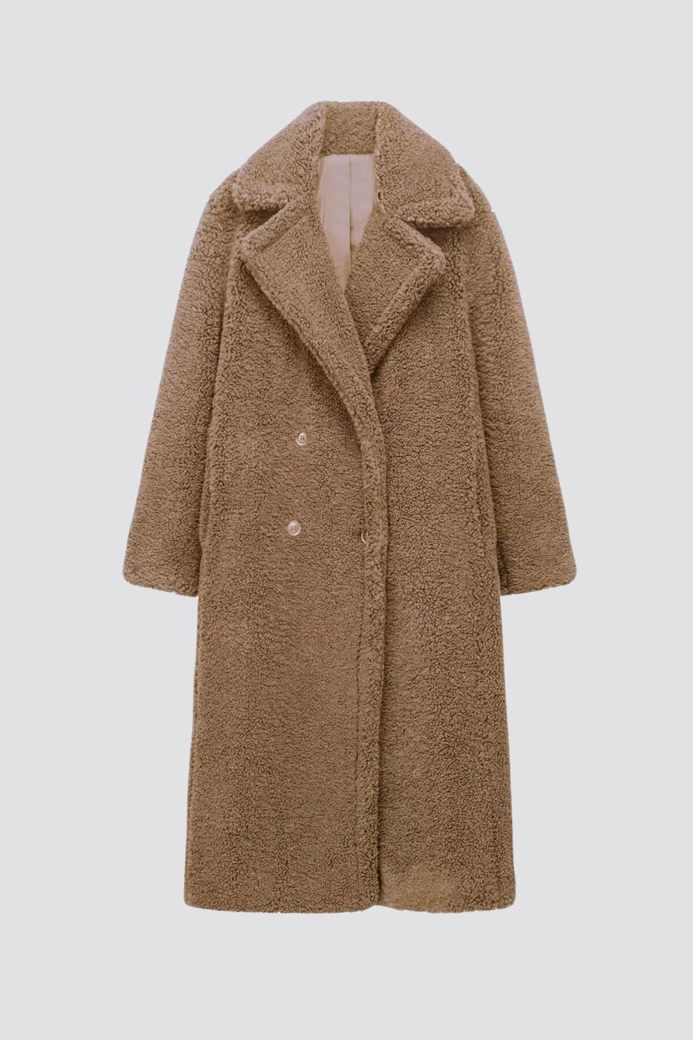 Long women's winter coat made of imitation fur with double-breasted style